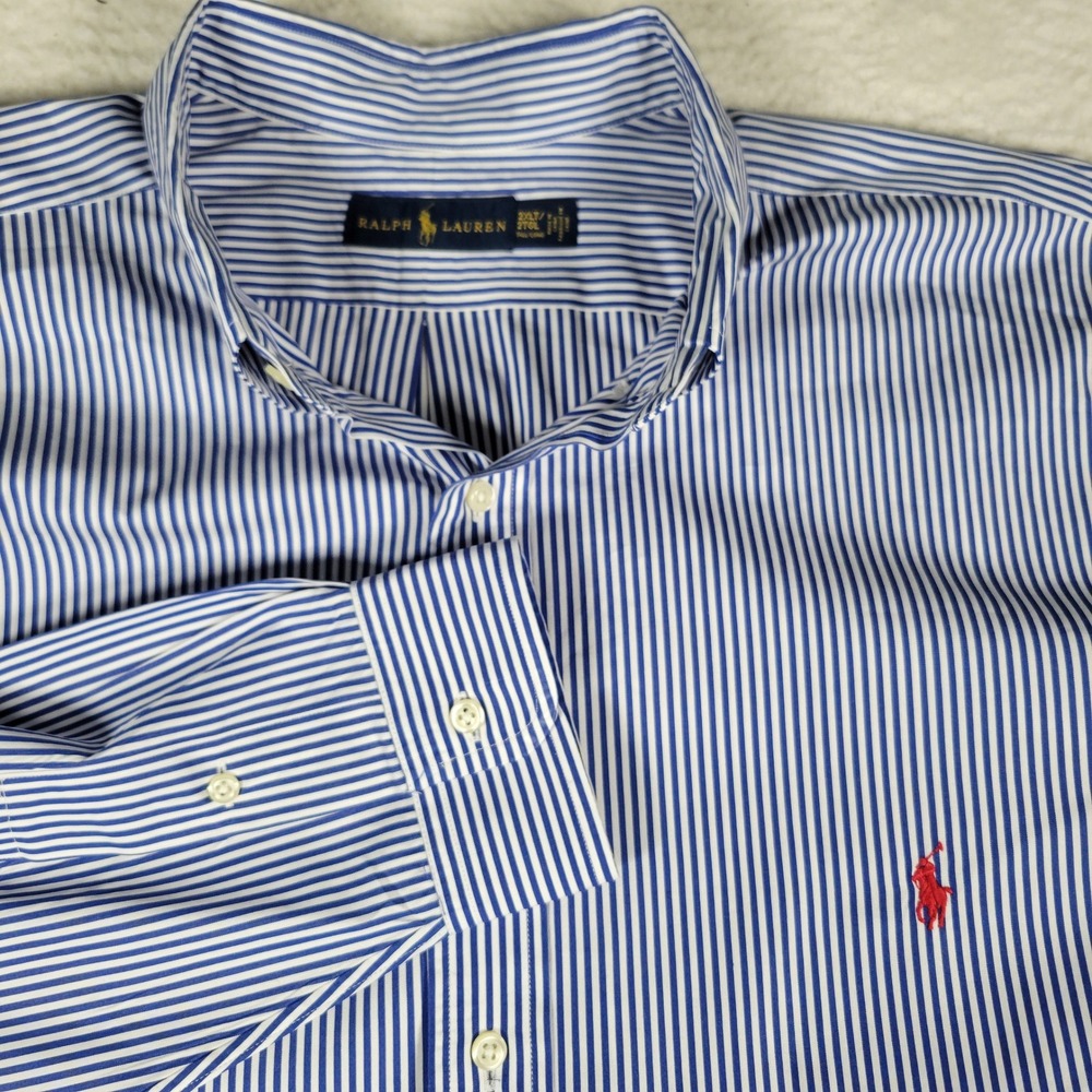 Ralph Lauren Button Down Shirt Mens 2XLT Blue White Striped Long Sleeve Tall